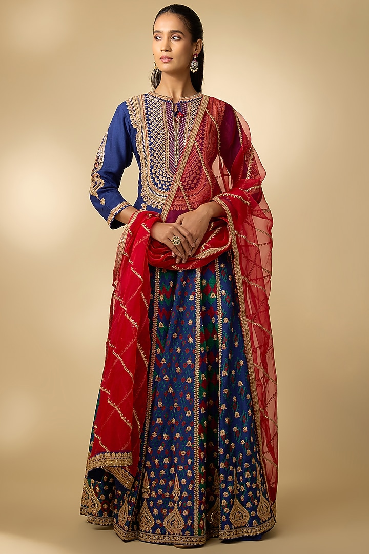 Blue Slub Silk Patola Printed Flared Skirt Set by SHRADDHA RAMBHIA at Pernia's Pop Up Shop