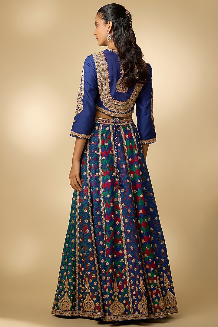 Blue Slub Silk Patola Printed Flared Skirt Set by SHRADDHA RAMBHIA at Pernia's Pop Up Shop