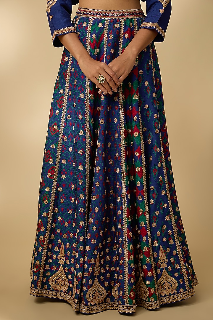 Blue Slub Silk Patola Printed Flared Skirt Set by SHRADDHA RAMBHIA at Pernia's Pop Up Shop