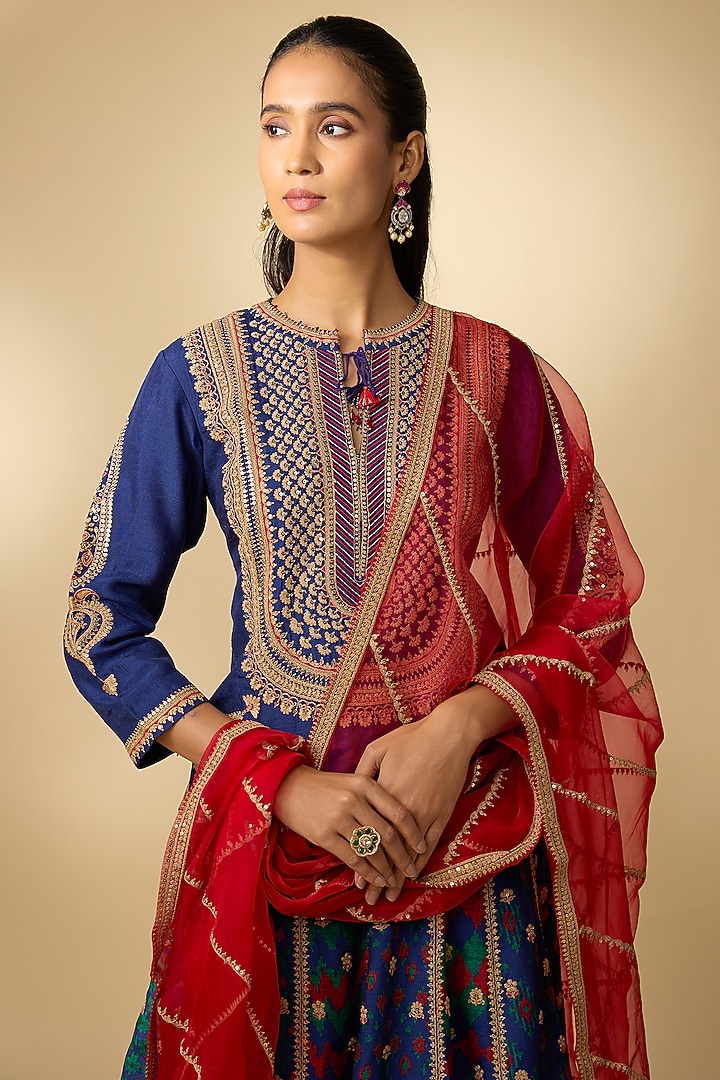 Blue Slub Silk Patola Printed Flared Skirt Set by SHRADDHA RAMBHIA at Pernia's Pop Up Shop