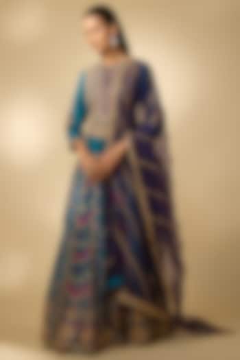 Teal Slub Silk Patola Printed Flared Skirt Set by SHRADDHA RAMBHIA at Pernia's Pop Up Shop