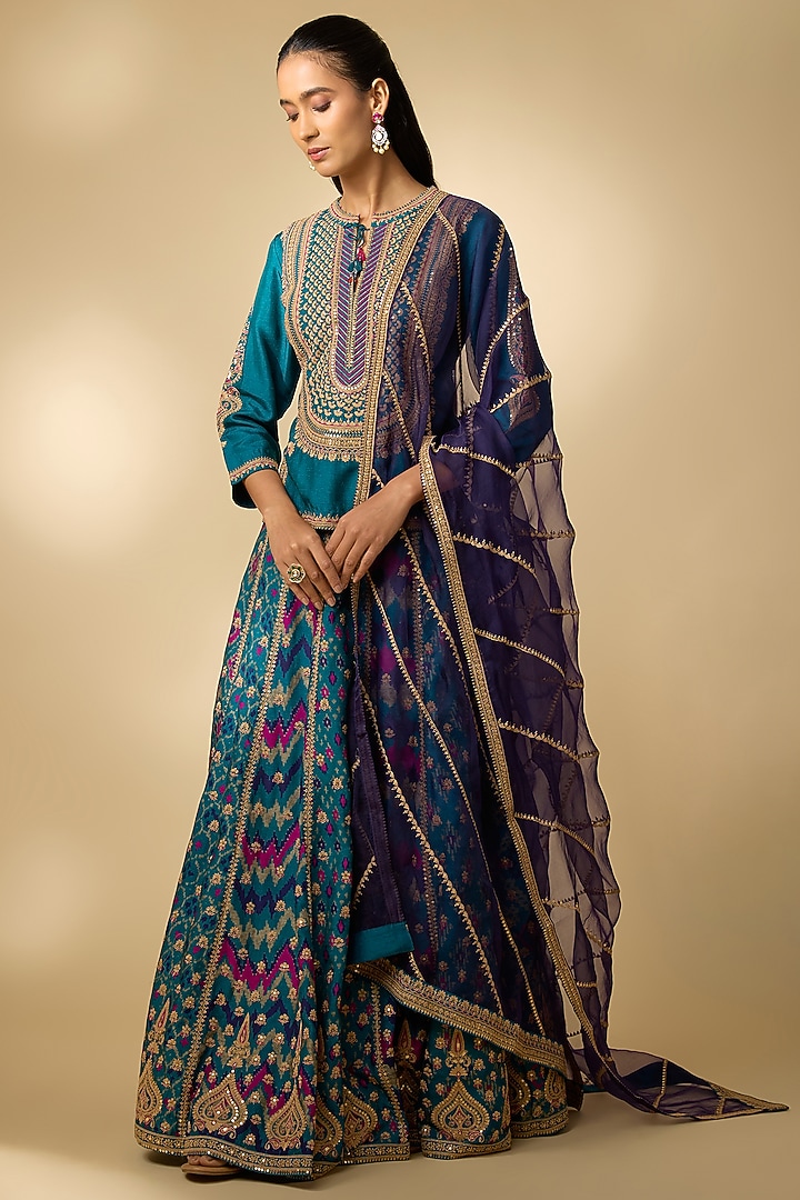 Teal Slub Silk Patola Printed Flared Skirt Set by SHRADDHA RAMBHIA at Pernia's Pop Up Shop
