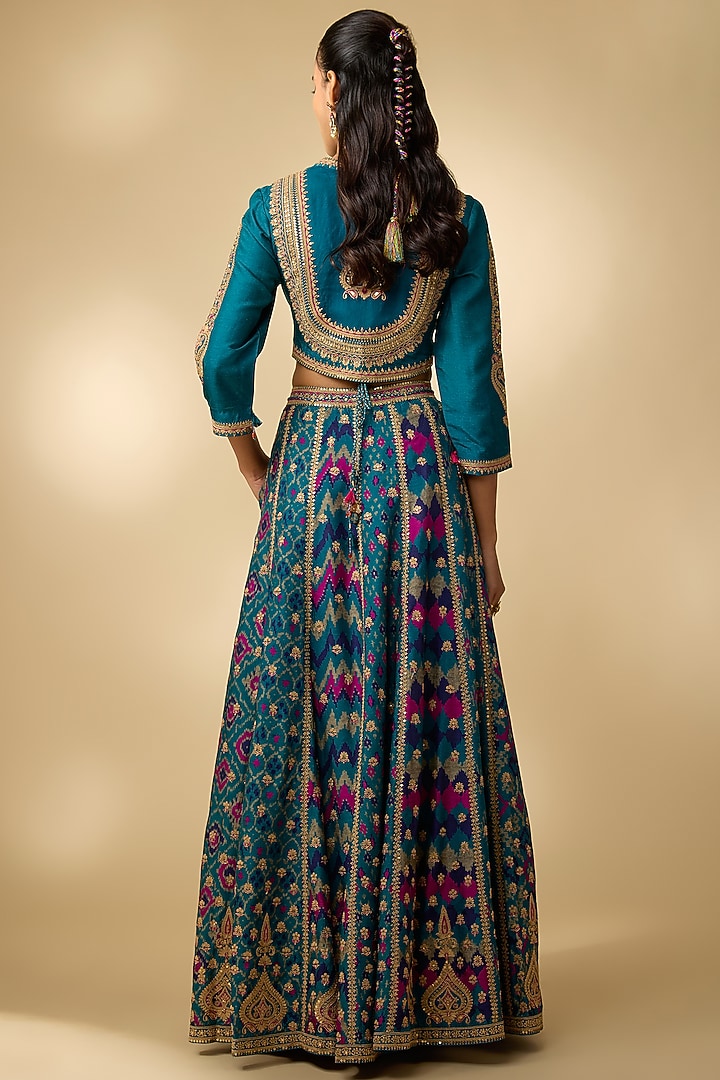 Teal Slub Silk Patola Printed Flared Skirt Set by SHRADDHA RAMBHIA at Pernia's Pop Up Shop