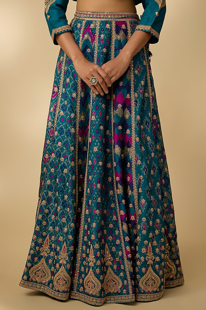 Teal Slub Silk Patola Printed Flared Skirt Set by SHRADDHA RAMBHIA at Pernia's Pop Up Shop