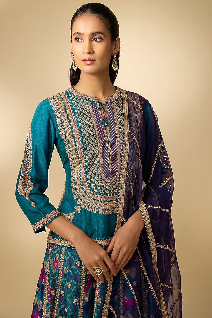 Teal Slub Silk Patola Printed Flared Skirt Set by SHRADDHA RAMBHIA at Pernia's Pop Up Shop