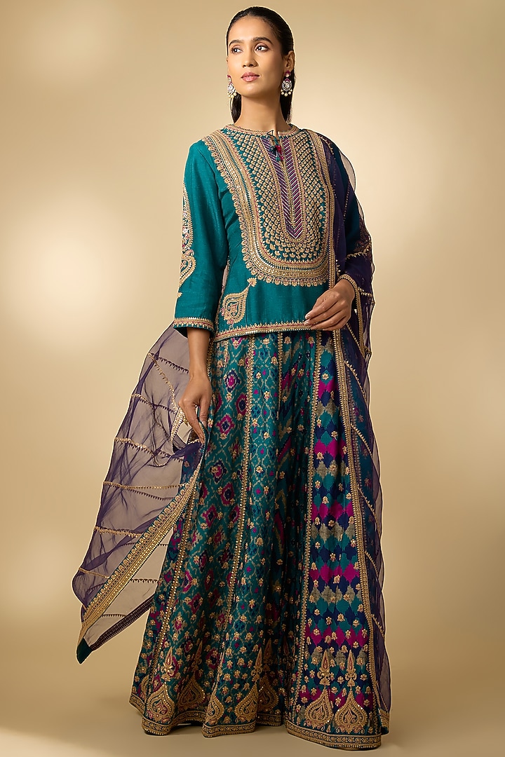 Teal Slub Silk Patola Printed Palazzo Set by SHRADDHA RAMBHIA at Pernia's Pop Up Shop