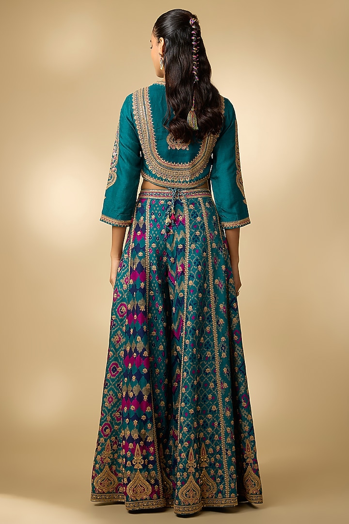 Teal Slub Silk Patola Printed Palazzo Set by SHRADDHA RAMBHIA at Pernia's Pop Up Shop