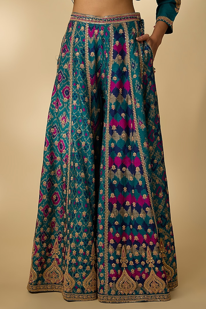 Teal Slub Silk Patola Printed Palazzo Set by SHRADDHA RAMBHIA at Pernia's Pop Up Shop