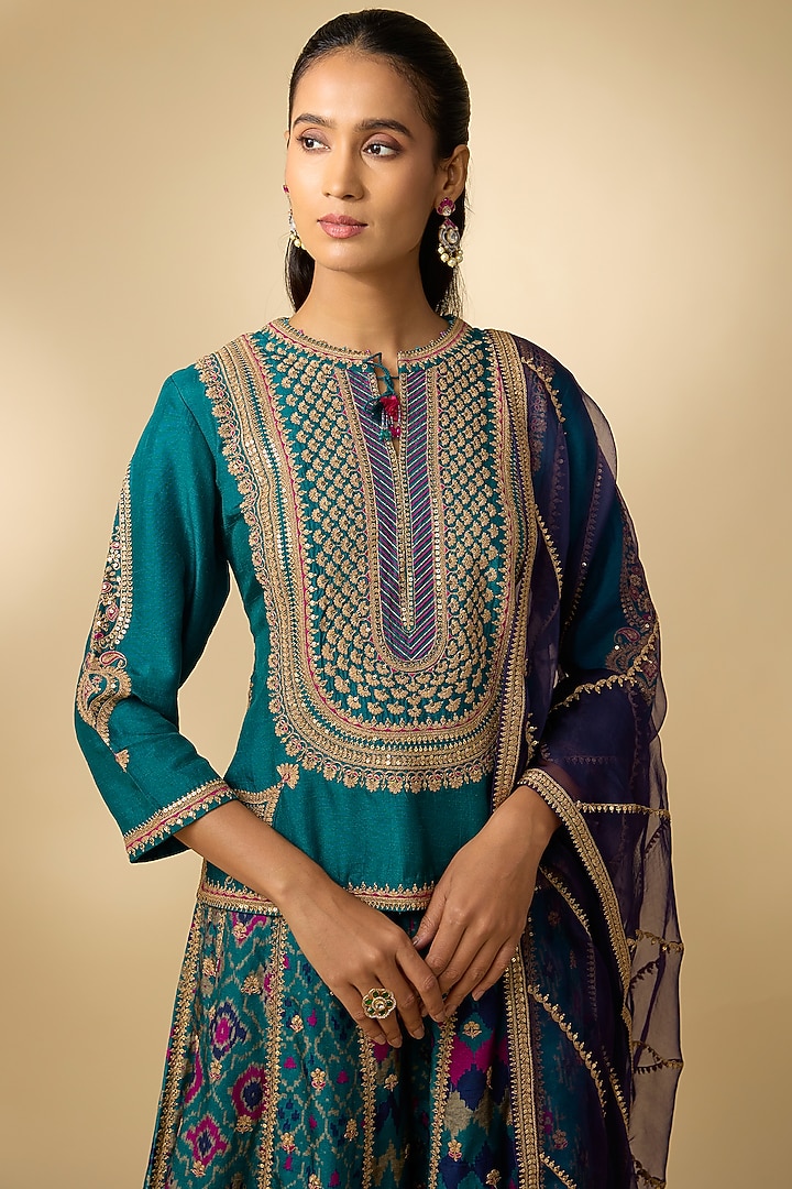 Teal Slub Silk Patola Printed Palazzo Set by SHRADDHA RAMBHIA at Pernia's Pop Up Shop