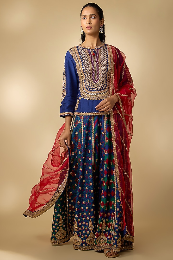 Blue Slub Silk Patola Printed Palazzo Set by SHRADDHA RAMBHIA at Pernia's Pop Up Shop