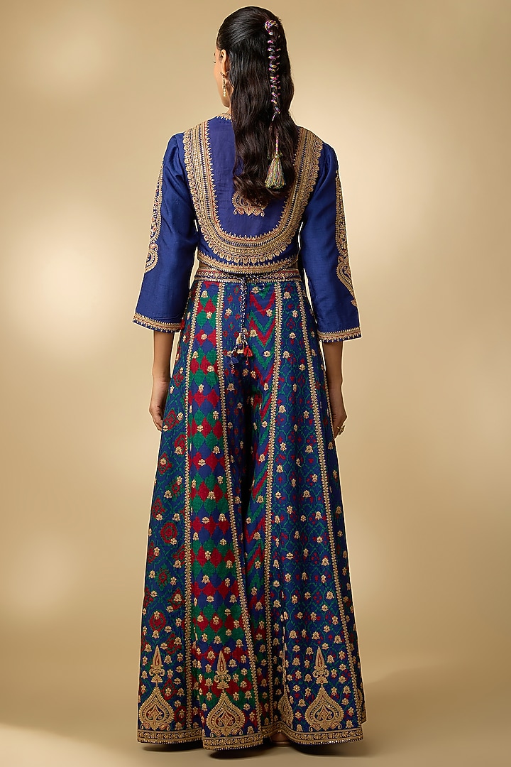 Blue Slub Silk Patola Printed Palazzo Set by SHRADDHA RAMBHIA at Pernia's Pop Up Shop