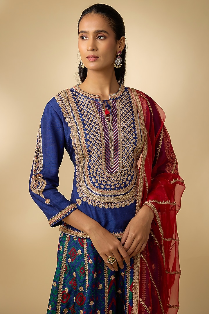 Blue Slub Silk Patola Printed Palazzo Set by SHRADDHA RAMBHIA at Pernia's Pop Up Shop