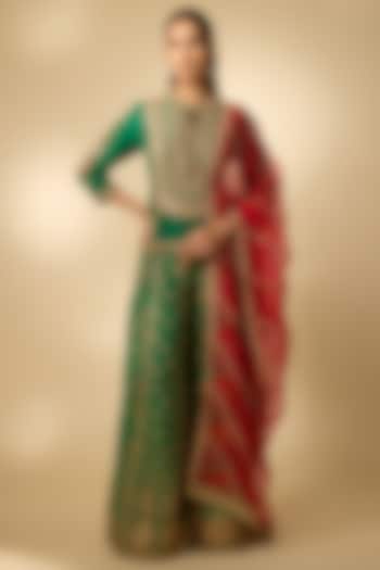 Bottle Green Slub Silk Patola Printed Palazzo Set by SHRADDHA RAMBHIA at Pernia's Pop Up Shop