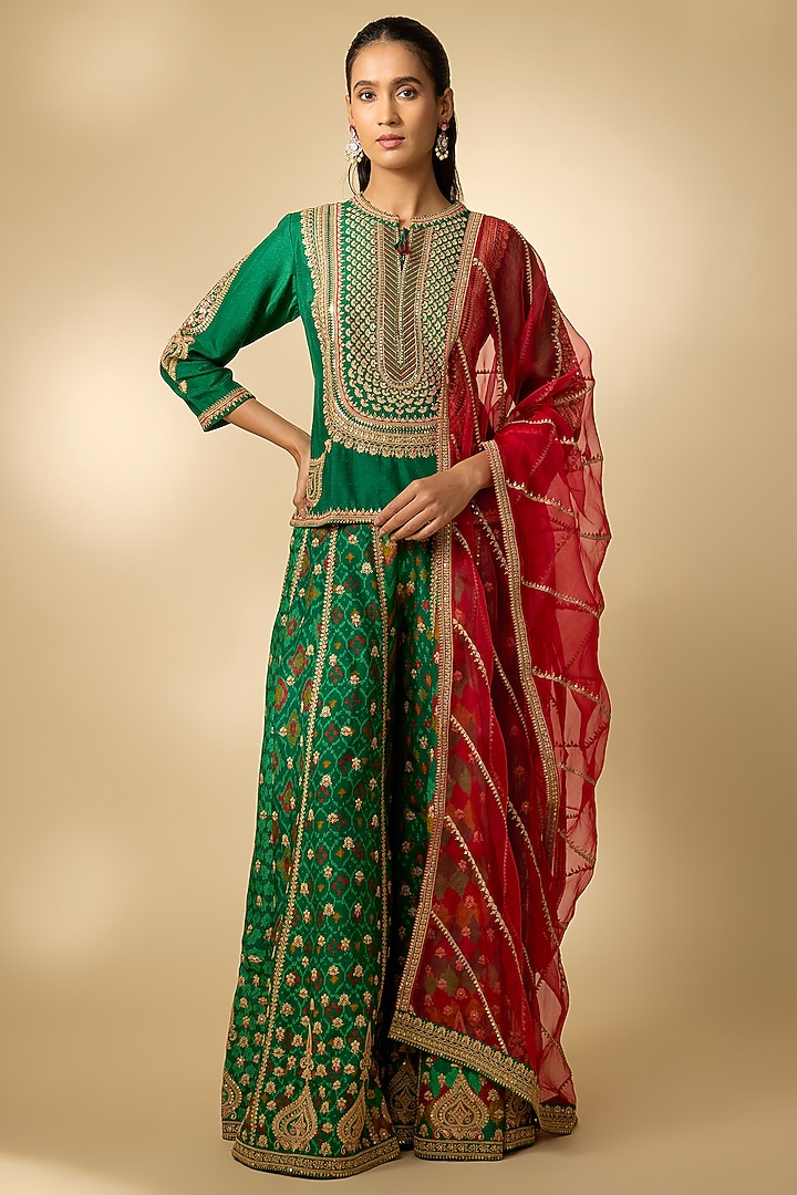 Bottle Green Slub Silk Patola Printed Palazzo Set by SHRADDHA RAMBHIA at Pernia's Pop Up Shop