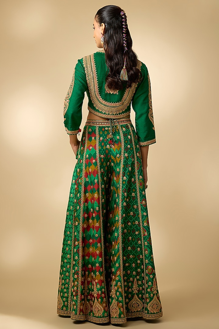 Bottle Green Slub Silk Patola Printed Palazzo Set by SHRADDHA RAMBHIA at Pernia's Pop Up Shop