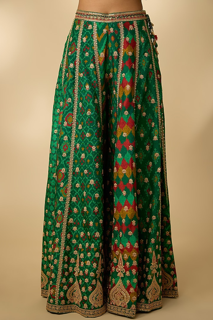 Bottle Green Slub Silk Patola Printed Palazzo Set by SHRADDHA RAMBHIA at Pernia's Pop Up Shop