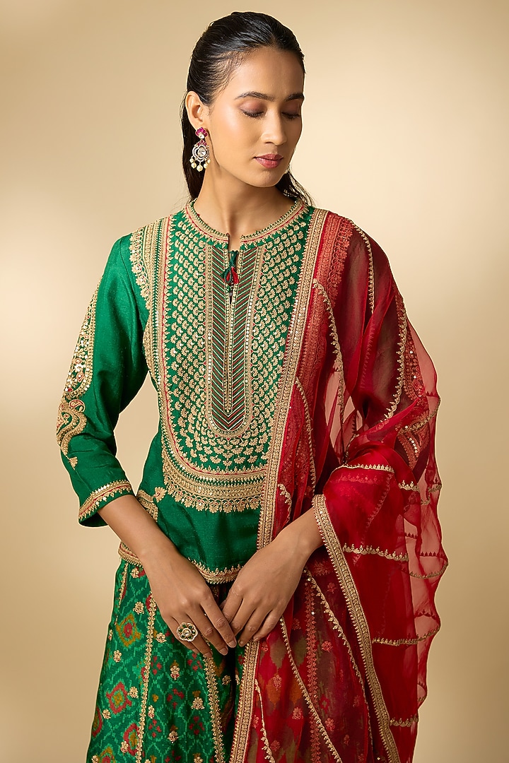Bottle Green Slub Silk Patola Printed Palazzo Set by SHRADDHA RAMBHIA at Pernia's Pop Up Shop