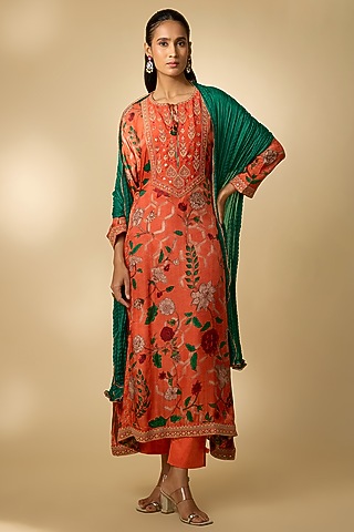 Orange Gajji Silk Printed Kurta Set by SHRADDHA RAMBHIA