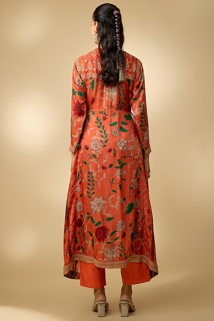 Orange Gajji Silk Printed Kurta Set by SHRADDHA RAMBHIA at Pernia's Pop Up Shop