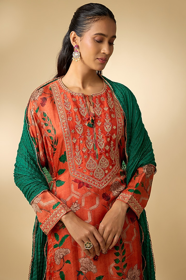 Orange Gajji Silk Printed Kurta Set by SHRADDHA RAMBHIA at Pernia's Pop Up Shop