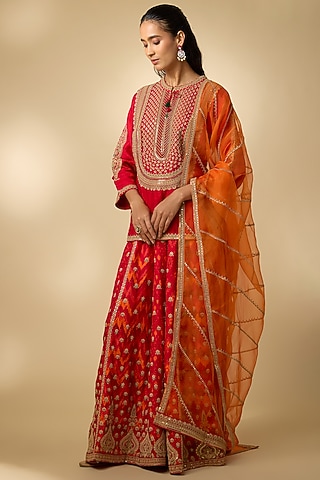 Red Slub Silk Patola Printed Palazzo Set by SHRADDHA RAMBHIA
