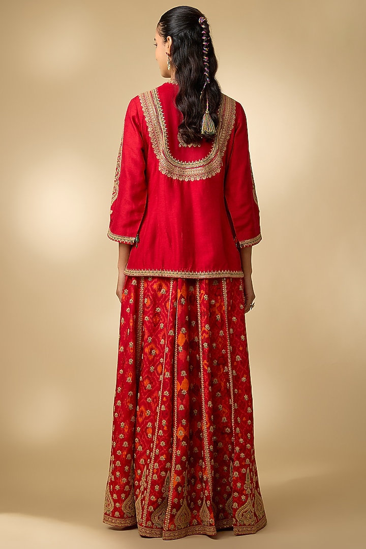 Red Slub Silk Patola Printed Palazzo Set by SHRADDHA RAMBHIA at Pernia's Pop Up Shop