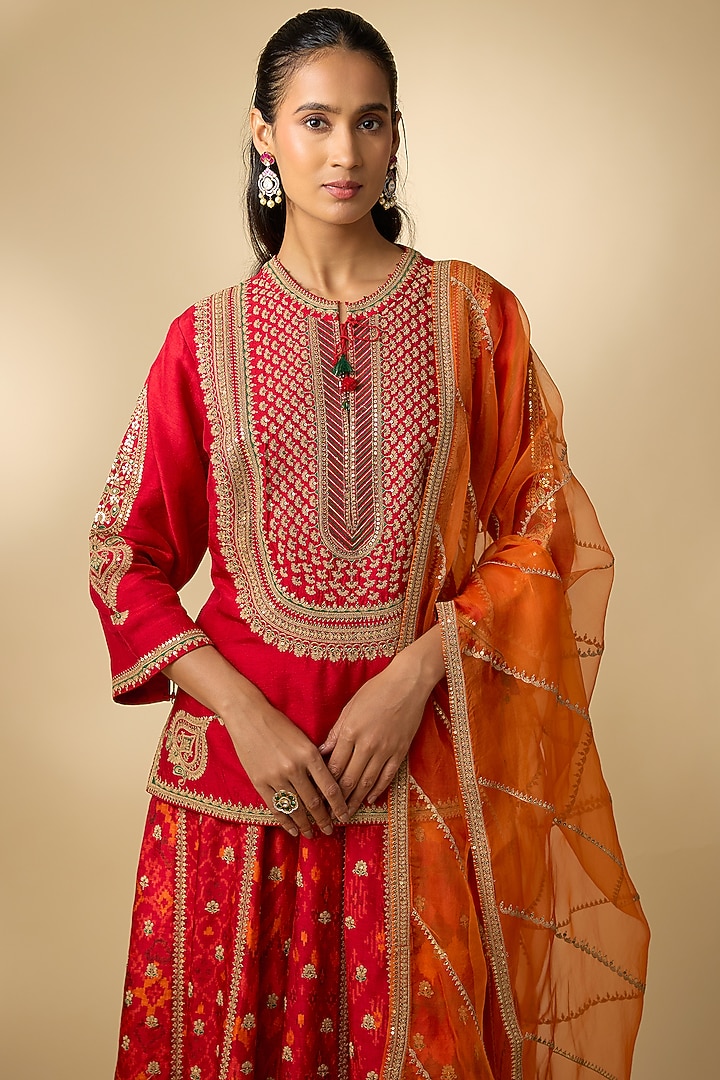 Red Slub Silk Patola Printed Palazzo Set by SHRADDHA RAMBHIA at Pernia's Pop Up Shop