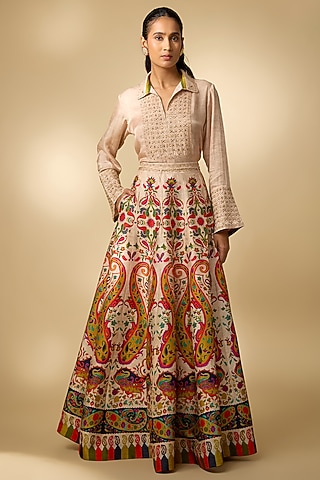 Beige Gajji Silk Paisley Printed Lehenga Set by SHRADDHA RAMBHIA