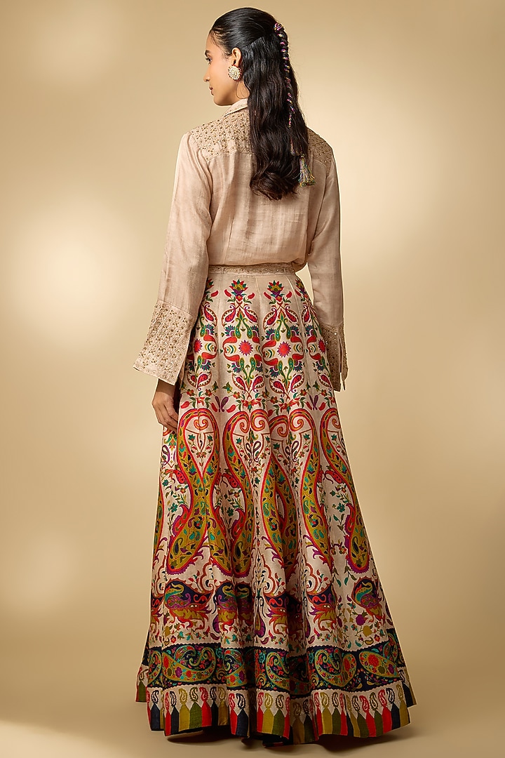 Beige Gajji Silk Paisley Printed Lehenga Set by SHRADDHA RAMBHIA at Pernia's Pop Up Shop