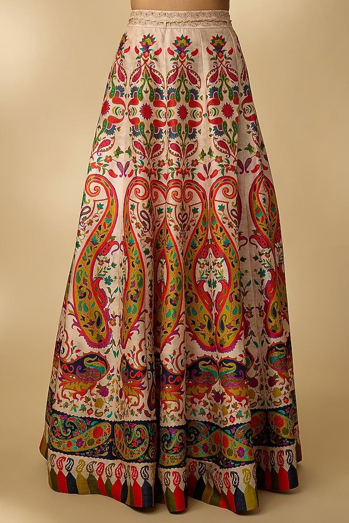 Beige Gajji Silk Paisley Printed Lehenga Set by SHRADDHA RAMBHIA at Pernia's Pop Up Shop