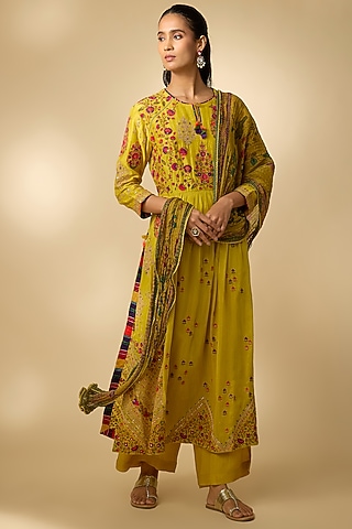Mustard Linen Silk Resham Embroidered Kurta Set by SHRADDHA RAMBHIA