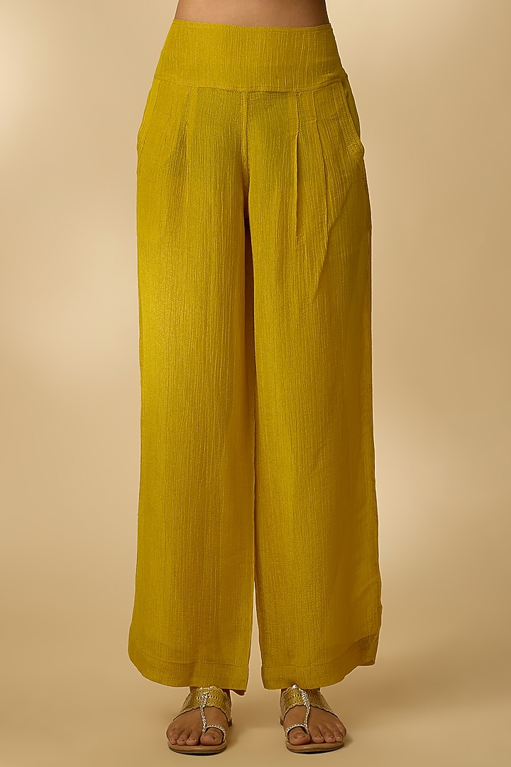 Mustard Linen Silk Resham Embroidered Kurta Set by SHRADDHA RAMBHIA at Pernia's Pop Up Shop