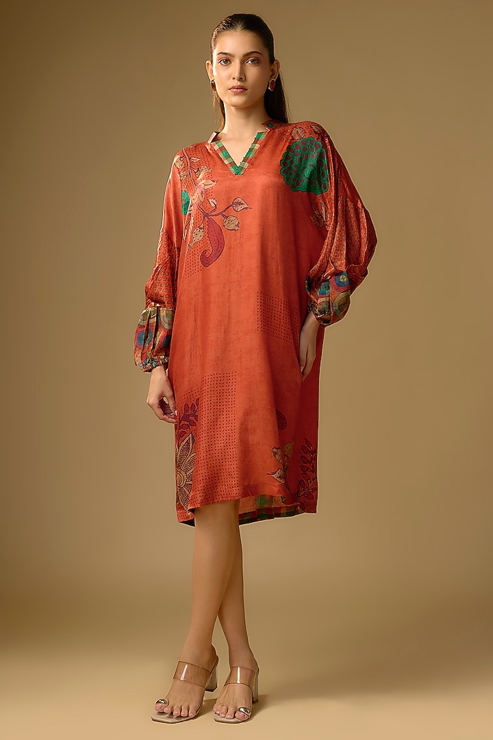 Orange Gajji Silk Printed Summer Dress by SHRADDHA RAMBHIA at Pernia's Pop Up Shop