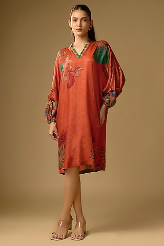 Orange Gajji Silk Printed Dress by SHRADDHA RAMBHIA