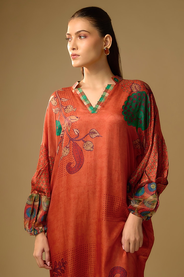 Orange Gajji Silk Printed Summer Dress by SHRADDHA RAMBHIA at Pernia's Pop Up Shop