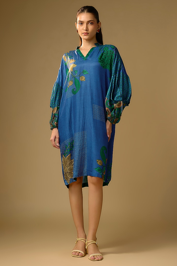 Blue Gajji Silk Printed Summer Dress by SHRADDHA RAMBHIA at Pernia's Pop Up Shop