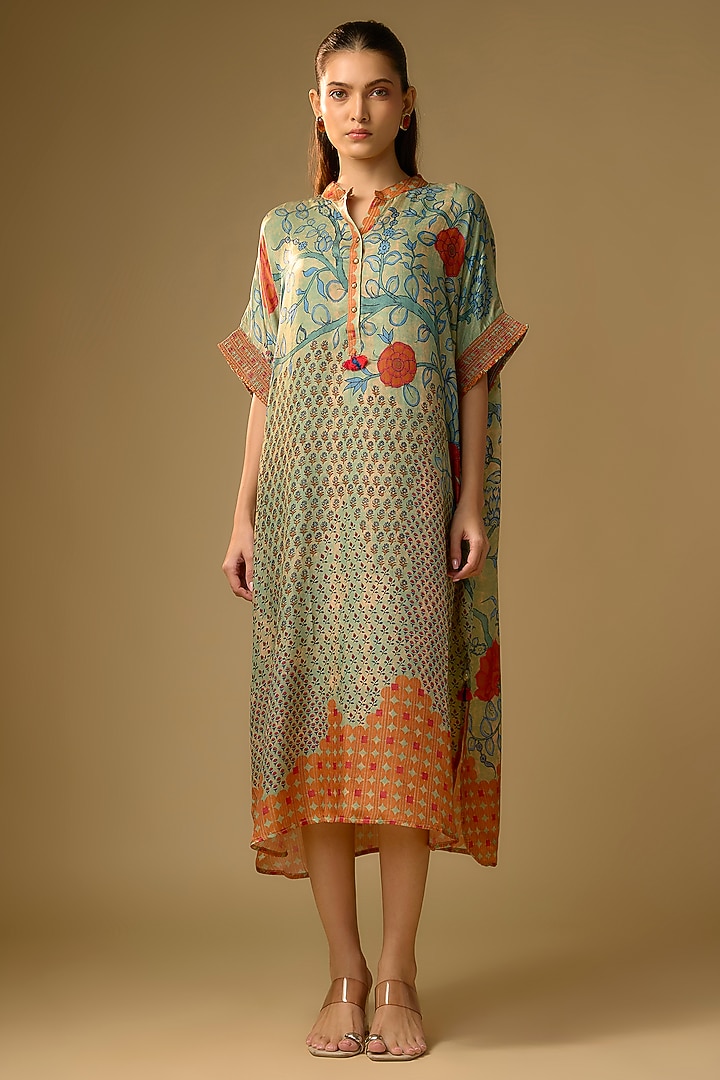 Pista Green Gajji Silk Floral Printed Summer Dress by SHRADDHA RAMBHIA at Pernia's Pop Up Shop