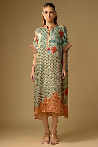 Pista Green Gajji Silk Floral Printed Dress by SHRADDHA RAMBHIA