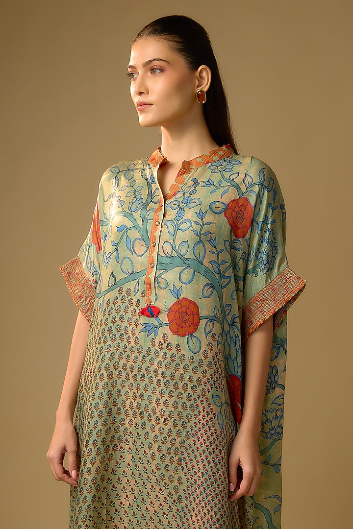 Pista Green Gajji Silk Floral Printed Summer Dress by SHRADDHA RAMBHIA at Pernia's Pop Up Shop