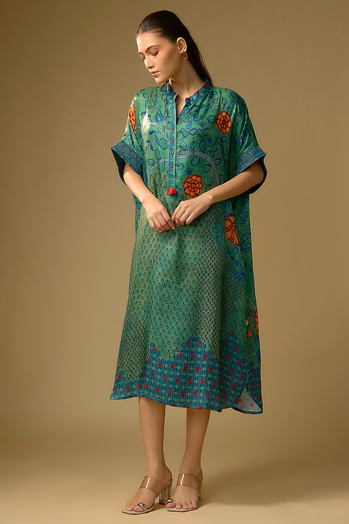 Rama Green Gajji Silk Floral Printed Summer Dress by SHRADDHA RAMBHIA at Pernia's Pop Up Shop