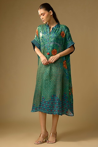 Rama Green Gajji Silk Floral Printed Dress by SHRADDHA RAMBHIA
