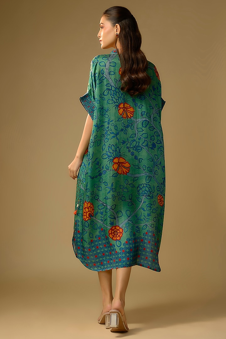 Rama Green Gajji Silk Floral Printed Summer Dress by SHRADDHA RAMBHIA at Pernia's Pop Up Shop