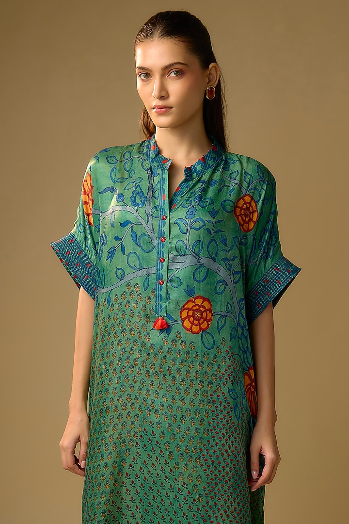Rama Green Gajji Silk Floral Printed Summer Dress by SHRADDHA RAMBHIA at Pernia's Pop Up Shop