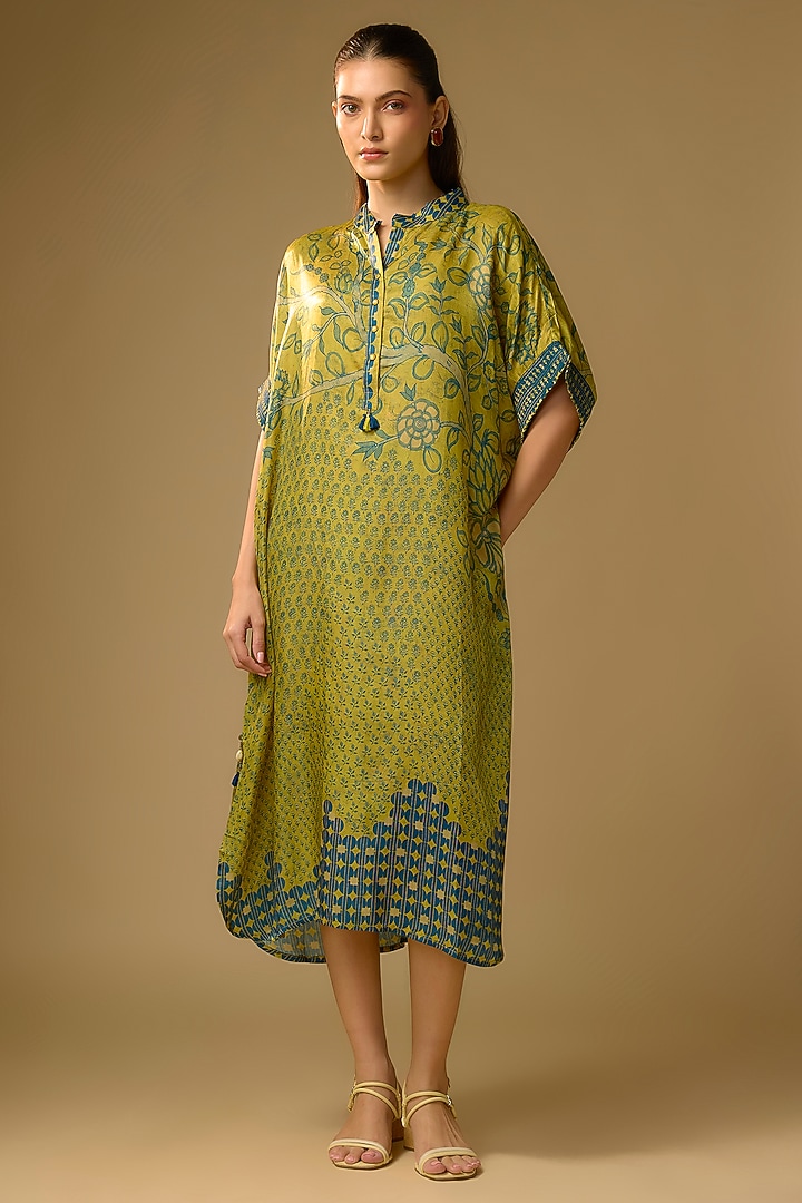 Mustard Gajji Silk Floral Printed Summer Dress by SHRADDHA RAMBHIA at Pernia's Pop Up Shop