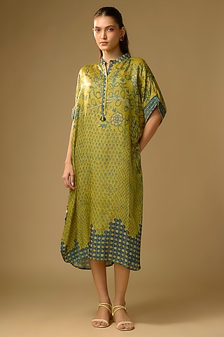 Mustard Gajji Silk Floral Printed Dress by SHRADDHA RAMBHIA