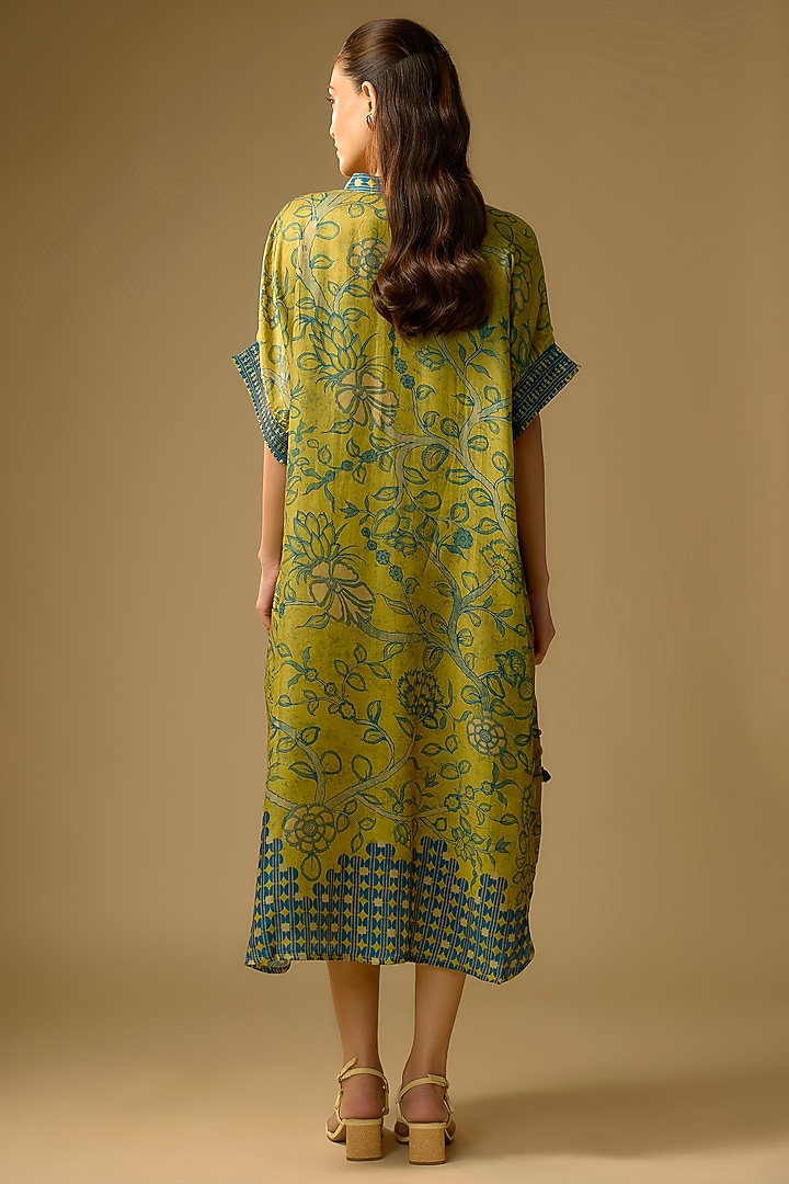 Mustard Gajji Silk Floral Printed Summer Dress by SHRADDHA RAMBHIA at Pernia's Pop Up Shop