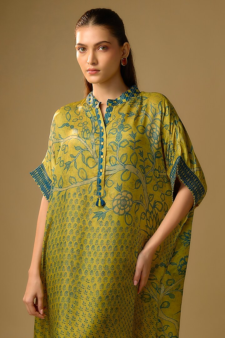 Mustard Gajji Silk Floral Printed Summer Dress by SHRADDHA RAMBHIA at Pernia's Pop Up Shop