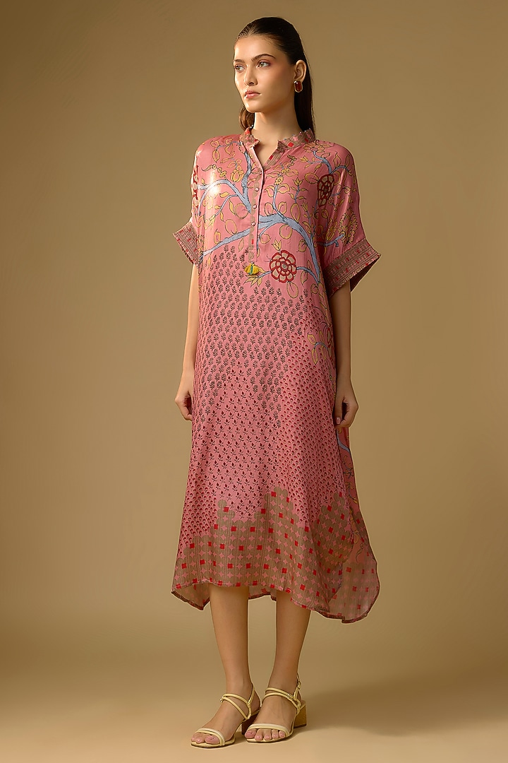 Pink Gajji Silk Floral Printed Summer Dress by SHRADDHA RAMBHIA at Pernia's Pop Up Shop