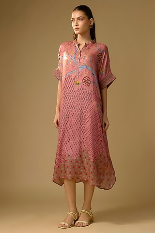 Pink Gajji Silk Floral Printed Dress by SHRADDHA RAMBHIA