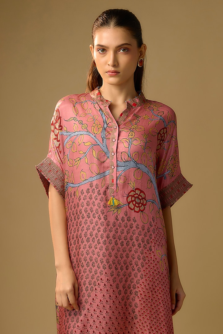 Pink Gajji Silk Floral Printed Summer Dress by SHRADDHA RAMBHIA at Pernia's Pop Up Shop